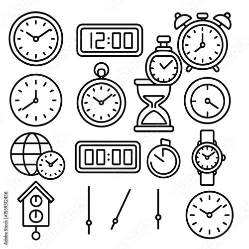 Line Style Time Icons. Line style icons of timekeeping basics: analog clock, digital clock, stopwatch, alarm clock, wall clock,