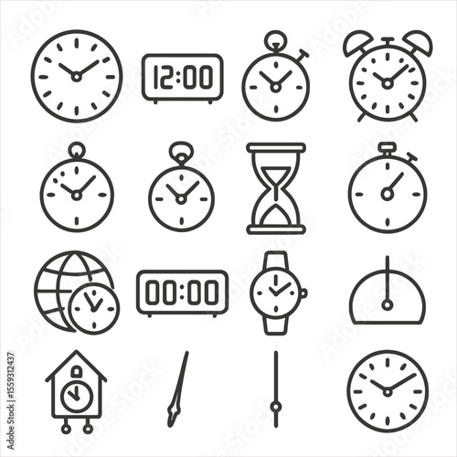 Line Style Time Icons. Line style icons of timekeeping basics: analog clock, digital clock, stopwatch, alarm clock, wall clock,