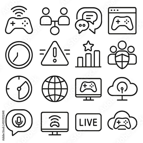 Online Gaming Icons. Line style icons of online gaming: wifi controller, multiplayer icon, team chat, game lobby, online badge,