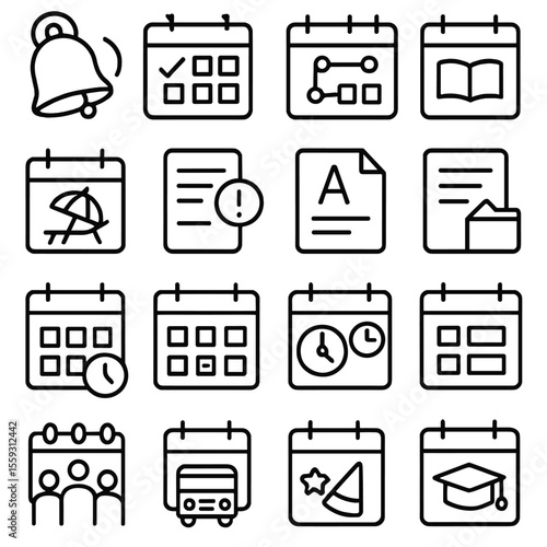 Academic Calendar Icons. Line style icons of school and academic calendar: school bell, exam date, semester plan, study week,