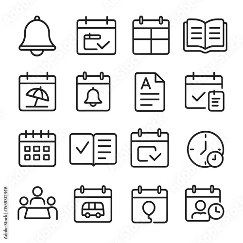 Academic Calendar Icons. Line style icons of school and academic calendar: school bell, exam date, semester plan, study week,