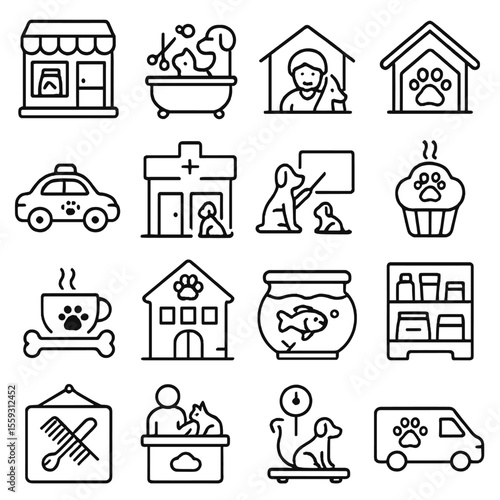 Pet Shop Icons. Line style icons of pet shops and services: pet store, grooming salon, adoption center, animal shelter, pet taxi,