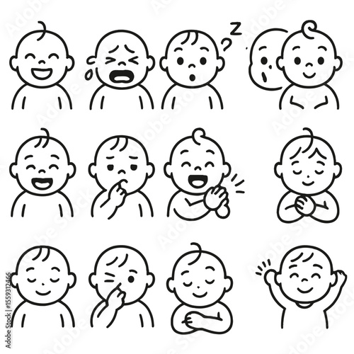 Baby Emotion Icons. Line style icons of baby emotions: happy baby, crying face, sleepy baby, curious look, surprised baby,