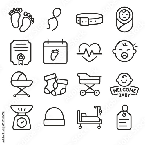 Newborn Icon Set. Line style icons of newborn icons: newborn footprint, umbilical cord, hospital wristband, baby swaddle, birth