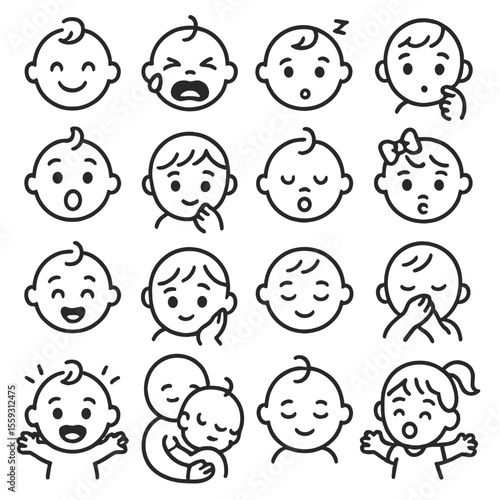 Baby Emotion Icons. Line style icons of baby emotions: happy baby, crying face, sleepy baby, curious look, surprised baby,