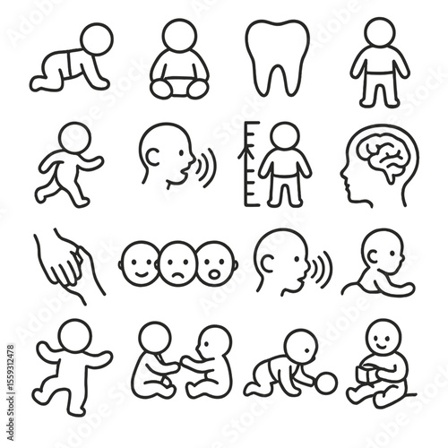 Baby Development Icons. Line style icons of baby development: crawling icon, sitting up, first tooth, standing, walking, first