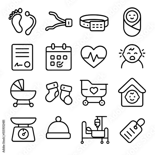 Newborn Icon Set. Line style icons of newborn icons: newborn footprint, umbilical cord, hospital wristband, baby swaddle, birth