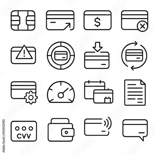 Line Style Payments Icons. Line style icons of credit and debit: credit card chip, swipe icon, card balance, card declined,