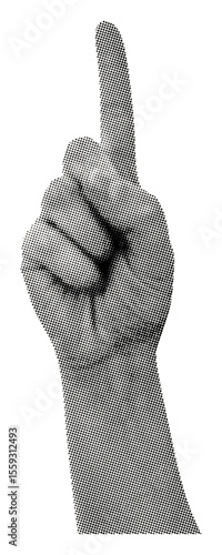 hand pointing up isolated halftone vintage dots texture index finger upward shows numbers one gesture direction attention emphasis focus symbol cut-out retro collage element for mixed media design