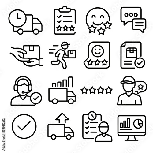 Delivery Performance Icons. Line style icons of delivery performance: on-time icon, delivery rating, satisfaction icon, service