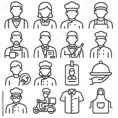 Restaurant Staff Icons. Line style icons of restaurant staff: waiter icon, waitress icon, chef figure, kitchen assistant, barista