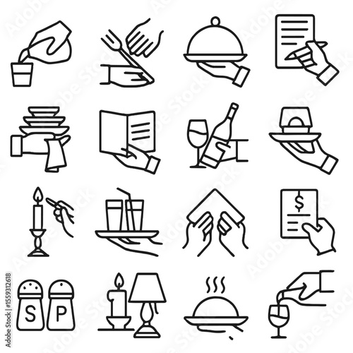 Table Service Icons. Line style icons of table service: pouring water, setting cutlery, serving food, taking order, clearing table