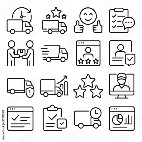 Delivery Performance Icons. Line style icons of delivery performance: on-time icon, delivery rating, satisfaction icon, service