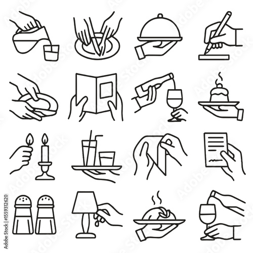 Table Service Icons. Line style icons of table service: pouring water, setting cutlery, serving food, taking order, clearing table