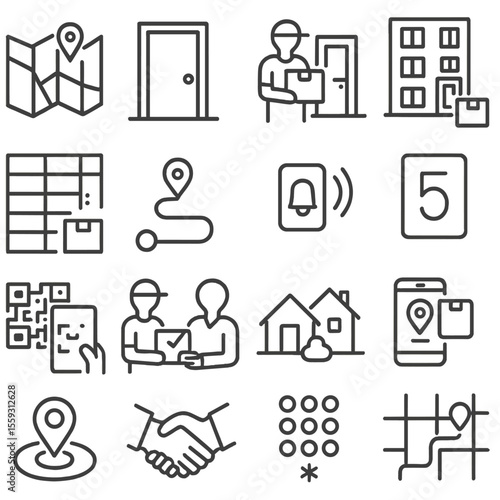 Last Mile Delivery Icons. Line style icons of last mile delivery: street map, customer door, apartment delivery, building unit,