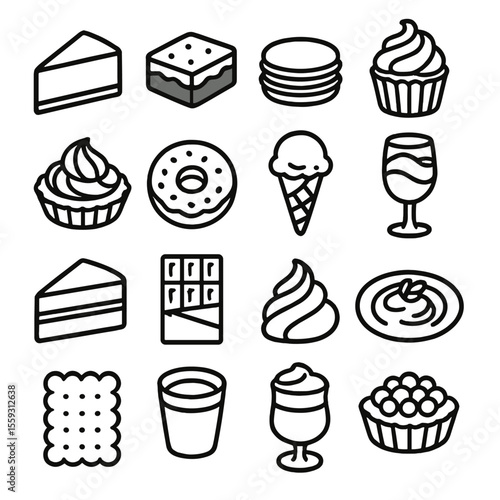 Dessert Line Icons. Line style icons of desserts and sweets: cheesecake slice, brownie, macaron, cupcake, tartlet, donut, gelato