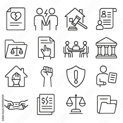 Civil Law Icon Set. Line style icons of civil law: divorce paper, family dispute, property law, inheritance icon, civil case