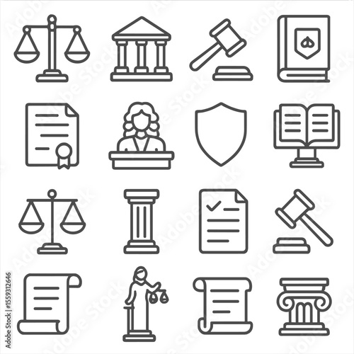 Legal Icons. Line style icons of legal symbols: justice scales, courthouse, gavel icon, legal book, law document, judge bench,