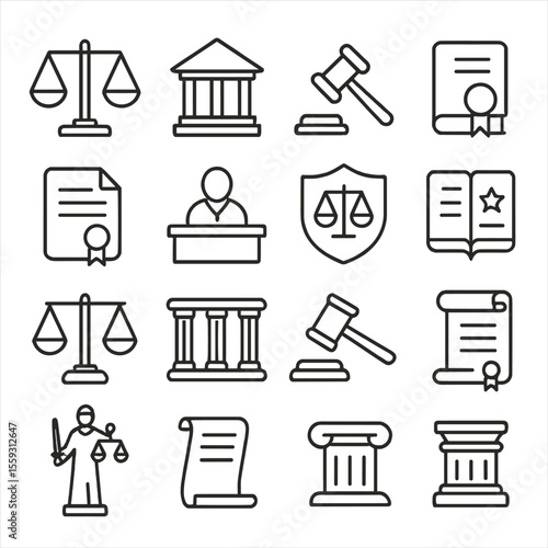 Legal Icons. Line style icons of legal symbols: justice scales, courthouse, gavel icon, legal book, law document, judge bench,