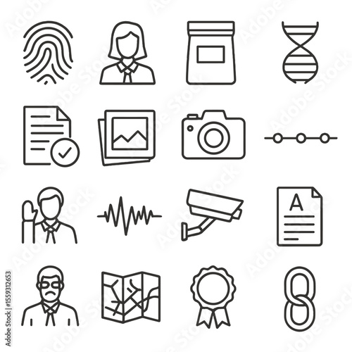 Evidence Icons Collection. Line style icons of evidence and proof: fingerprint icon, witness icon, evidence bag, DNA icon,