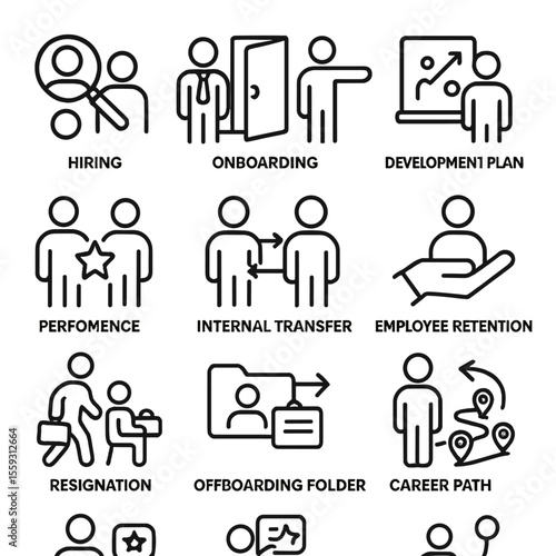 Employee Lifecycle Icons. Line style icons of employee lifecycle: hiring icon, onboarding icon, training process, development plan