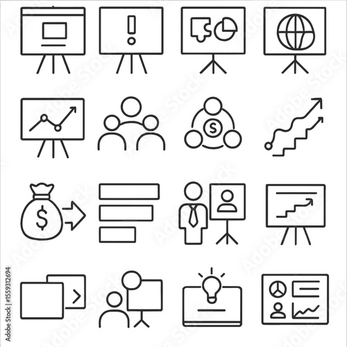 Startup Pitch Icons. Line style icons of startup pitch visuals: title slide, problem slide, solution slide, market slide, traction
