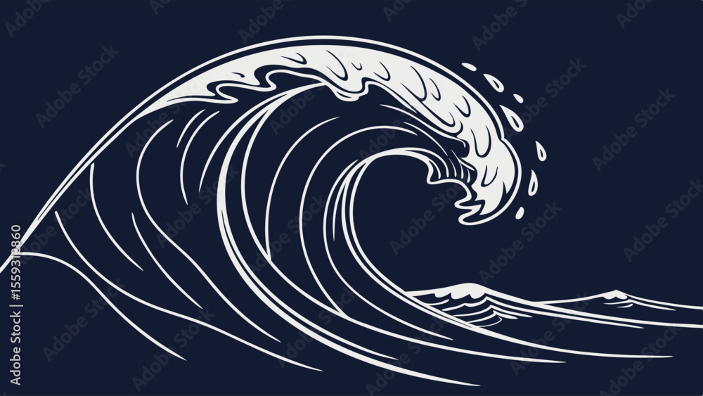 Fototapeta premium Stylized White Wave Illustration on Dark Background.