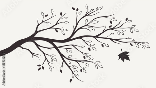 Stylized Tree Branch with Leaves and a Falling Leaf Silhouette.