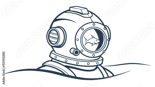 Vintage Deep Sea Diving Helmet with Fish Illustration.