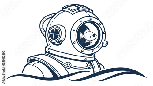 Vintage Diving Helmet with Fish Inside the Porthole.