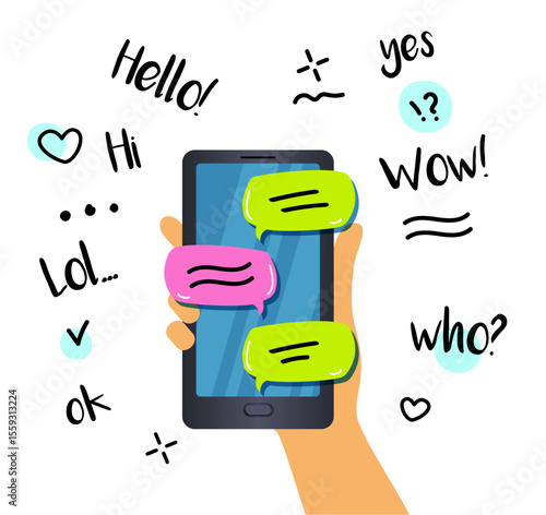 Hand holding a mobile phone. heart, hello, yes. hi lol. ok wow. who.  Vector illustration, flat style. 