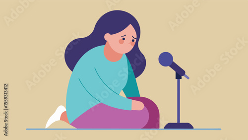 A woman sits in front of a microphone with tears in her eyes recounting a difficult struggle with Alzheimers disease. She bravely shares her story in hopes of raising awareness and. Vector