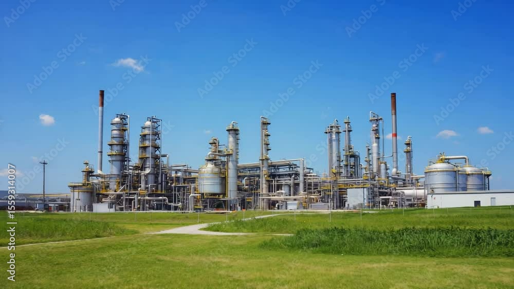Large Chemical or Oil Refinery with Multiple Towers, Pipes, and Storage Tanks Surrounded by Green Fields Under a Clear Blue Sky Large Chemical or Oil Refinery with Multiple Towers, Pipes, and Storage Tanks Surrounded by Green Fields Under a Clear Blue Sky