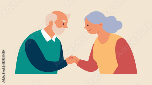 An elderly couple holds hands as they work together on a collage in art therapy. The activity has brought them closer together and given them a new way to connect and communicate. Vector illustration