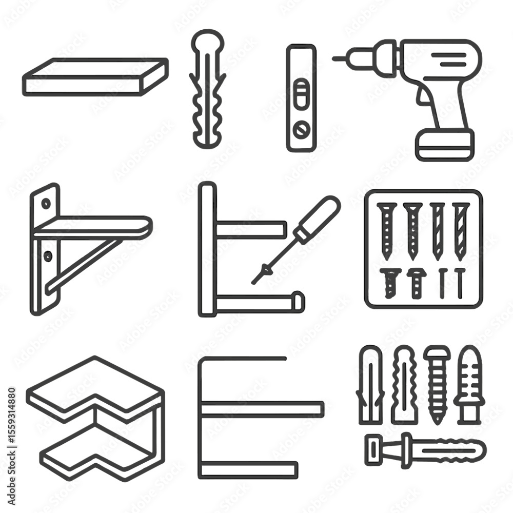 Fototapeta premium Wall Fixture Icons. Line style icons of wall fixtures and shelves: floating shelf, wall anchor, level tool, drill into wall,
