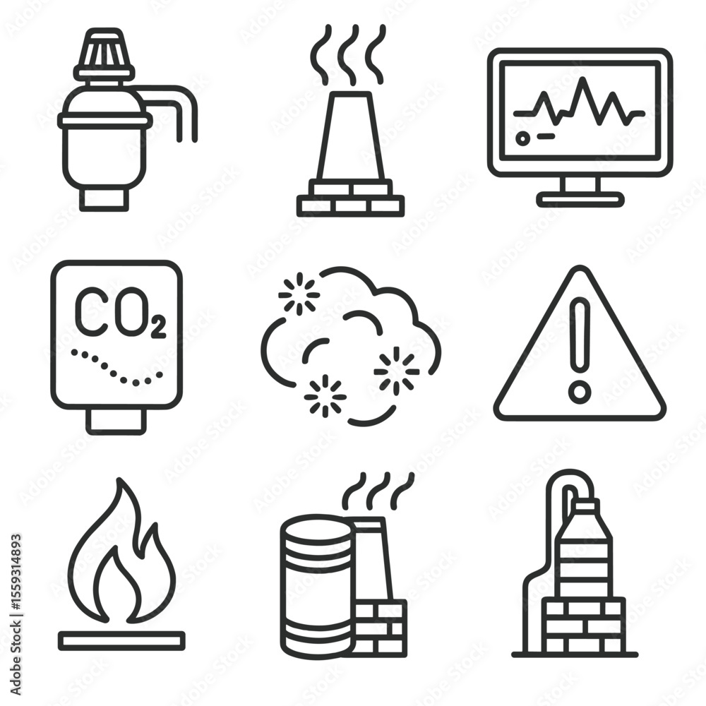 Fototapeta premium Emission Control Icons. Line style icons of emission control and safety: gas filter unit, emission stack, pollution monitor, CO₂