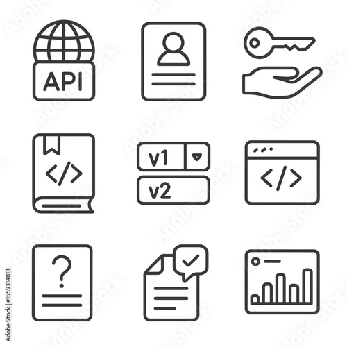 Developer Portal Icons. Line style icons of developer portal features: API catalog, registration form, access request icon, dev