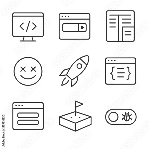 API Tools Icons. Line style icons of API developer tools: code editor screen, API testing console, documentation interface,