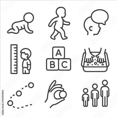 Child Development Icons. Line style icons of child development: baby crawling, toddler walking, first words icon, height chart,
