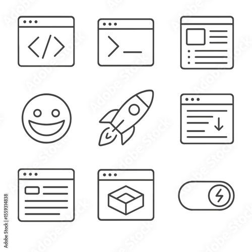 API Tools Icons. Line style icons of API developer tools: code editor screen, API testing console, documentation interface,