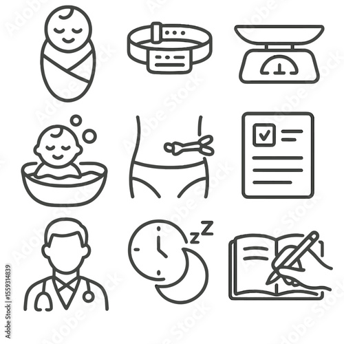 Newborn Care Icons. Line style icons of newborn care: swaddled newborn, hospital bracelet, baby scale, first bath, cord care icon,