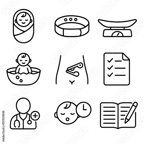 Newborn Care Icons. Line style icons of newborn care: swaddled newborn, hospital bracelet, baby scale, first bath, cord care icon,