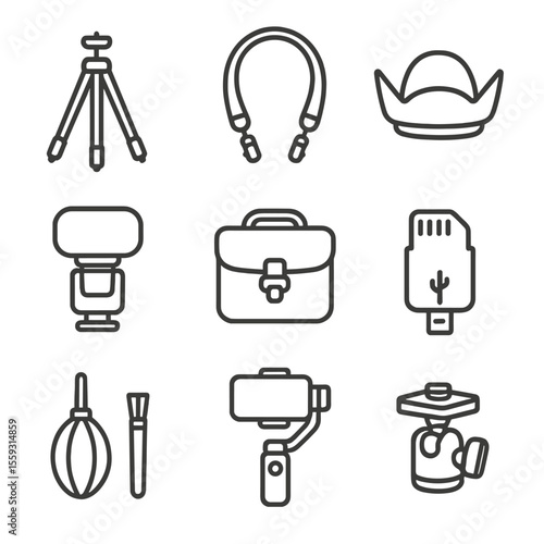 Photography Accessories Icons. Line style icons of photography accessories: tripod, camera strap, lens hood, flash diffuser,