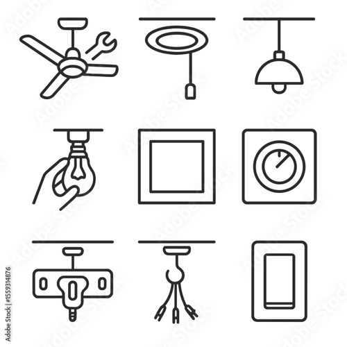 Ceiling and Lighting Icons. Line style icons of ceiling and lighting updates: ceiling fan install, recessed light icon, pendant