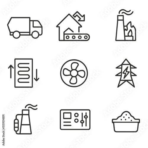 Waste-to-Energy Icons. Line style icons of waste-to-energy process: waste truck icon, sorting facility, incinerator unit, heat