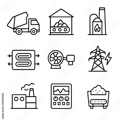 Waste-to-Energy Icons. Line style icons of waste-to-energy process: waste truck icon, sorting facility, incinerator unit, heat