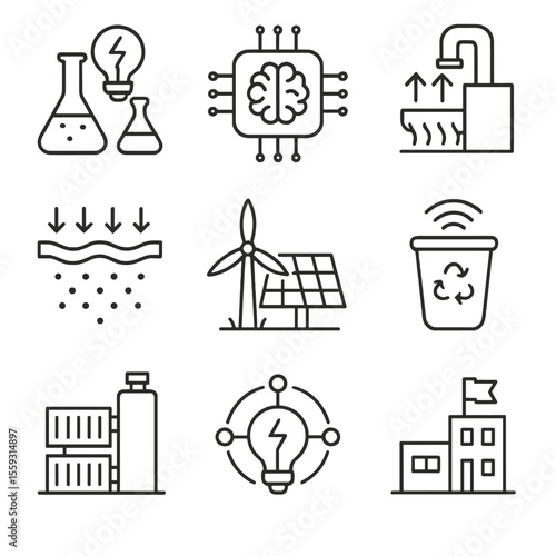 Innovation in Waste Energy. Line style icons of innovation in waste energy: energy R&D lab, AI optimization icon, heat capture