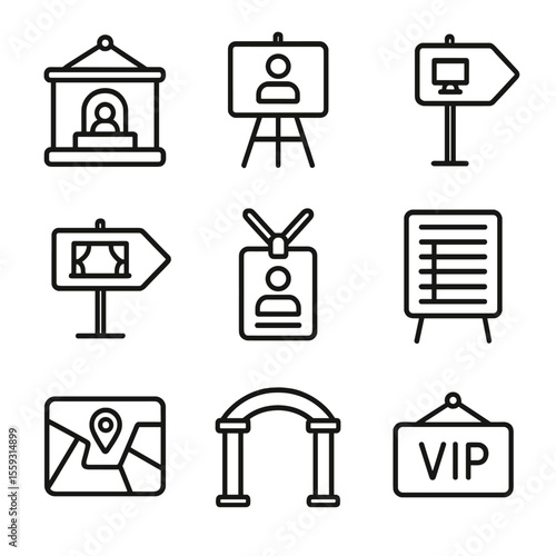 Event Signage Icons. Line style icons of event and venue signage: ticket booth sign, registration area, session room direction,