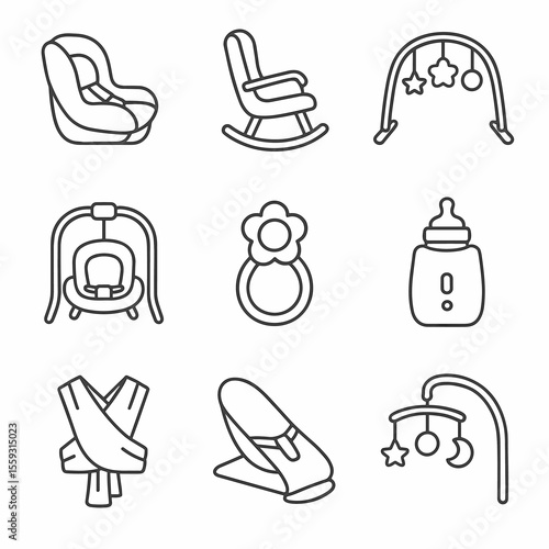 Baby Gear Icons. Line style icons of baby gear and accessories: car seat, rocking chair, play gym, baby swing, teething ring,