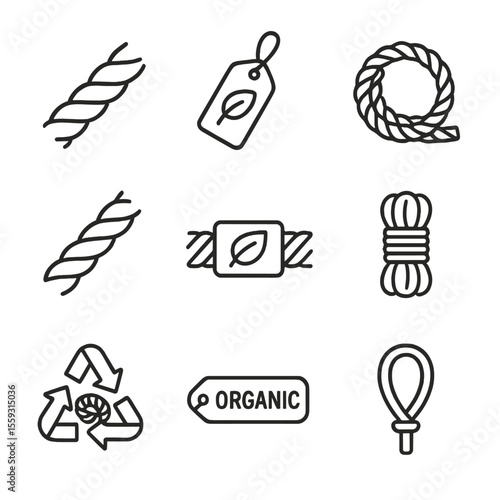 Eco Rope Icons. Line style icons of eco-friendly rope choices: natural fiber rope, biodegradable rope tag, hemp rope coil, cotton